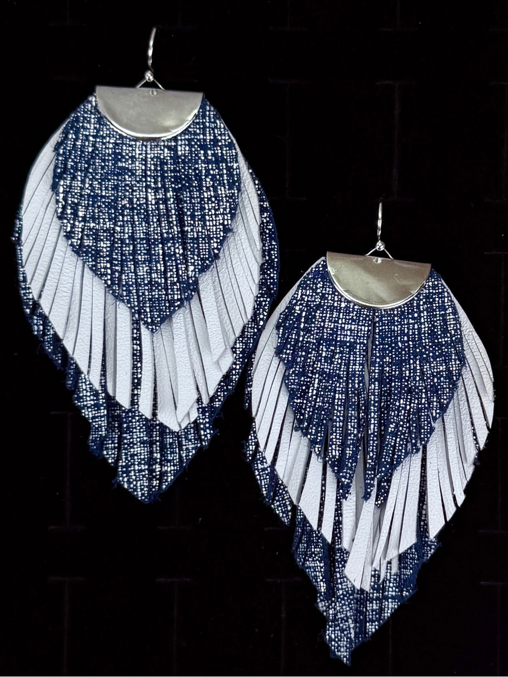 Western layered white and blue fringe costume pierced earrings